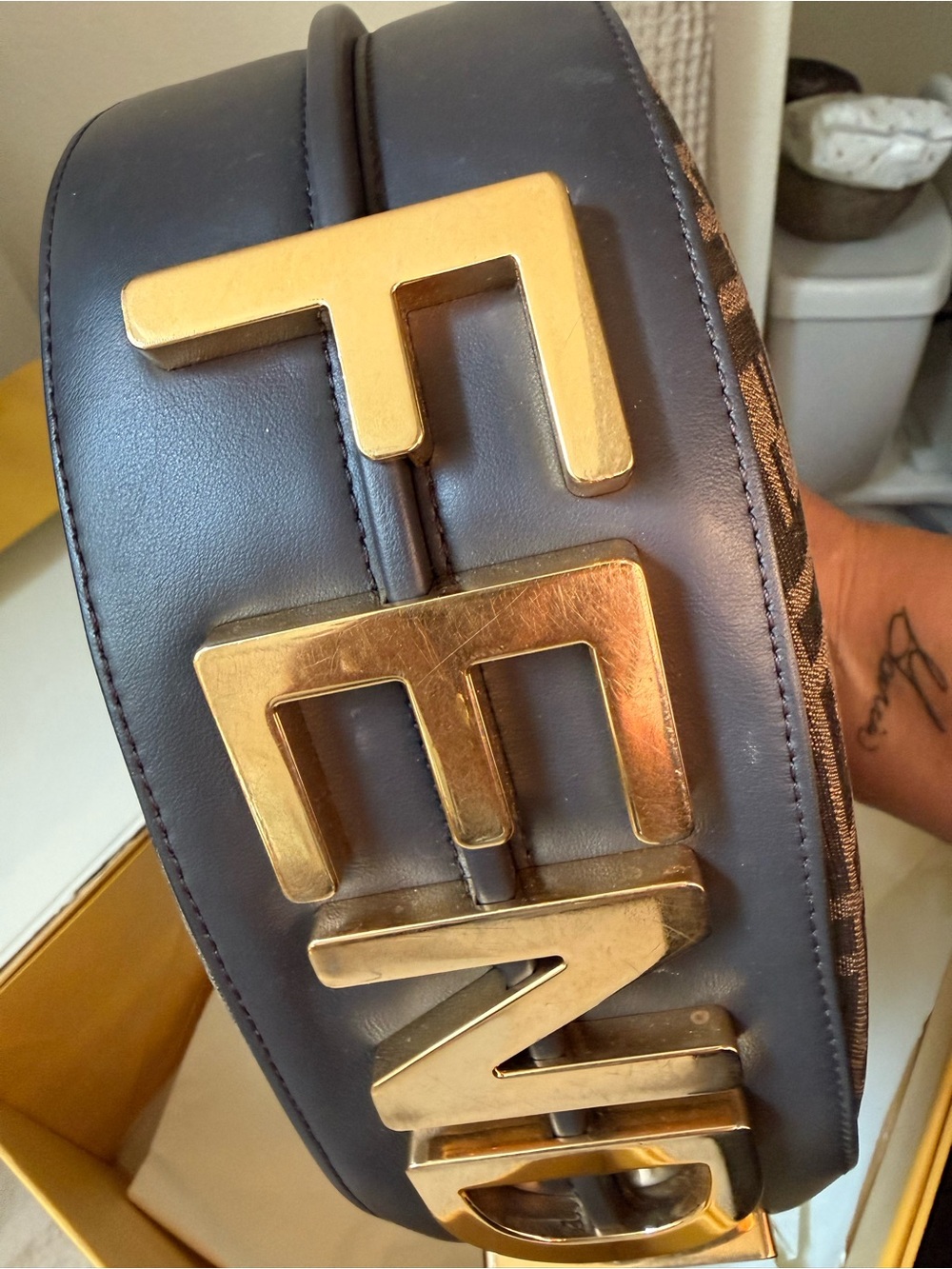 Fendi Brown and Black FF Logo Baguette Shoulder Bag with Gold Hardware - Picture 3 of 16